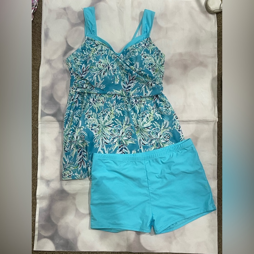 Blue Floral Tankini Swim Dress Set